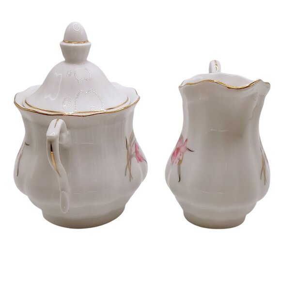 Walbrzych Poland Sugar Bowl Creamer Set Porcelain Gold Trim Floral Design VTG - Picture 2 of 12